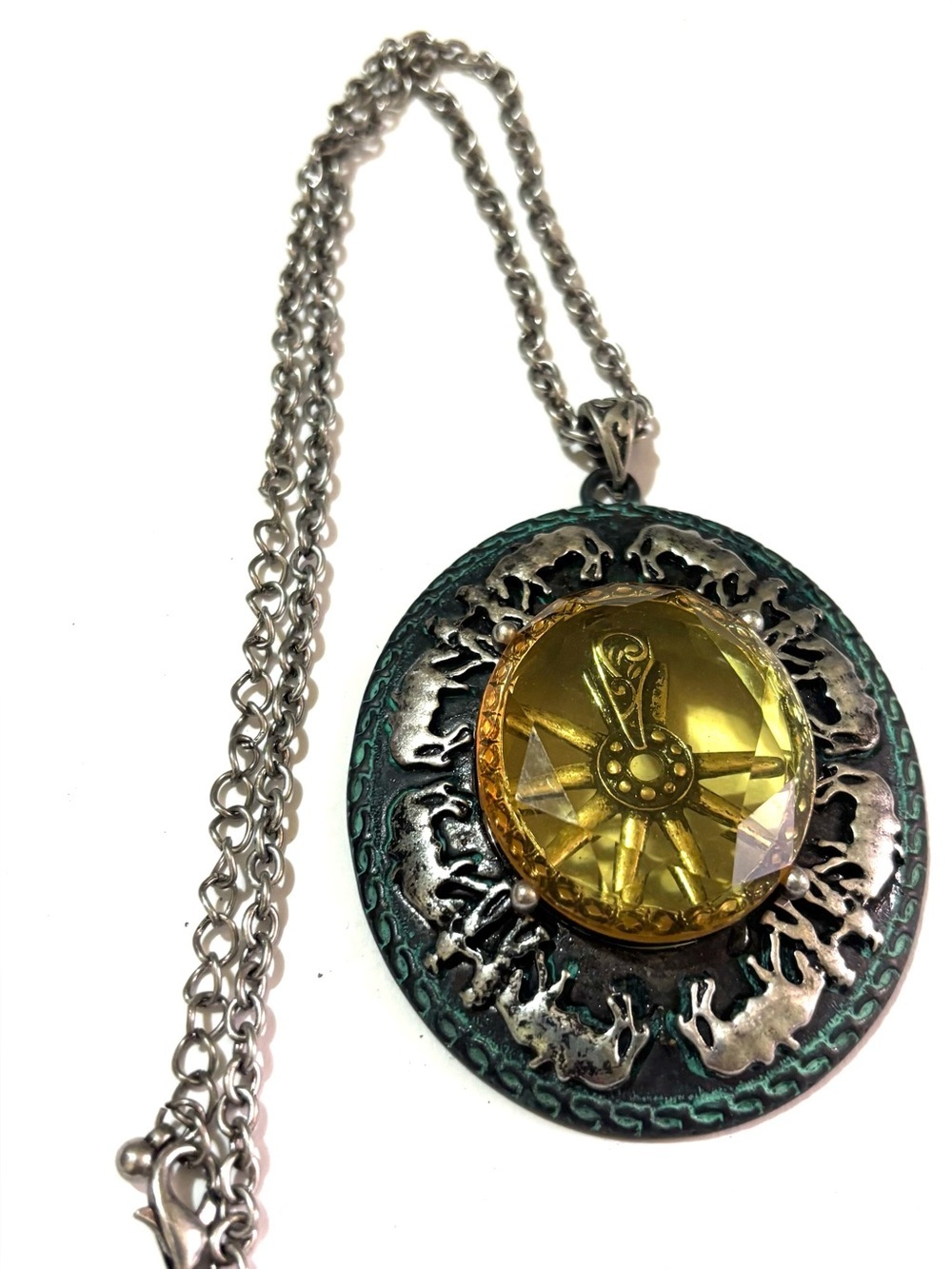 Vintage Yellow Crystal Medallion Pendant Necklace